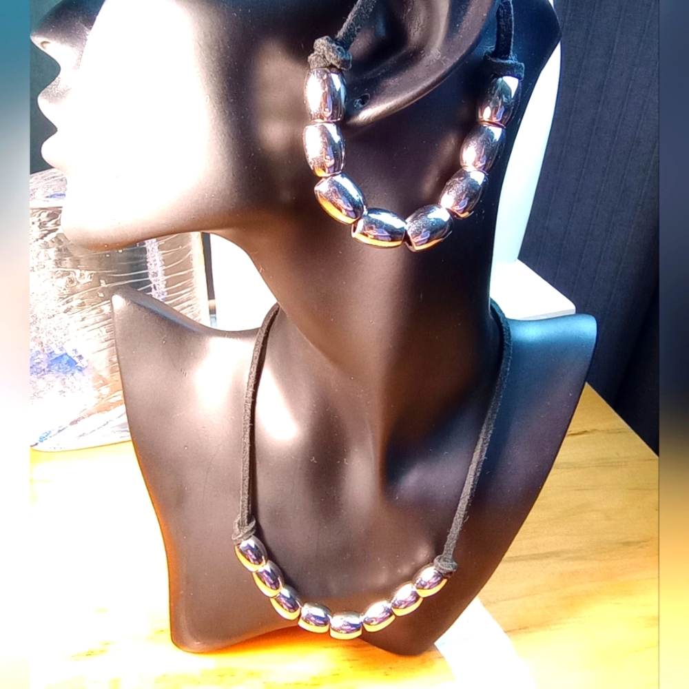 Ralph Lauren Silver plate Beads and Black Suede, 15.5" and 7.5"